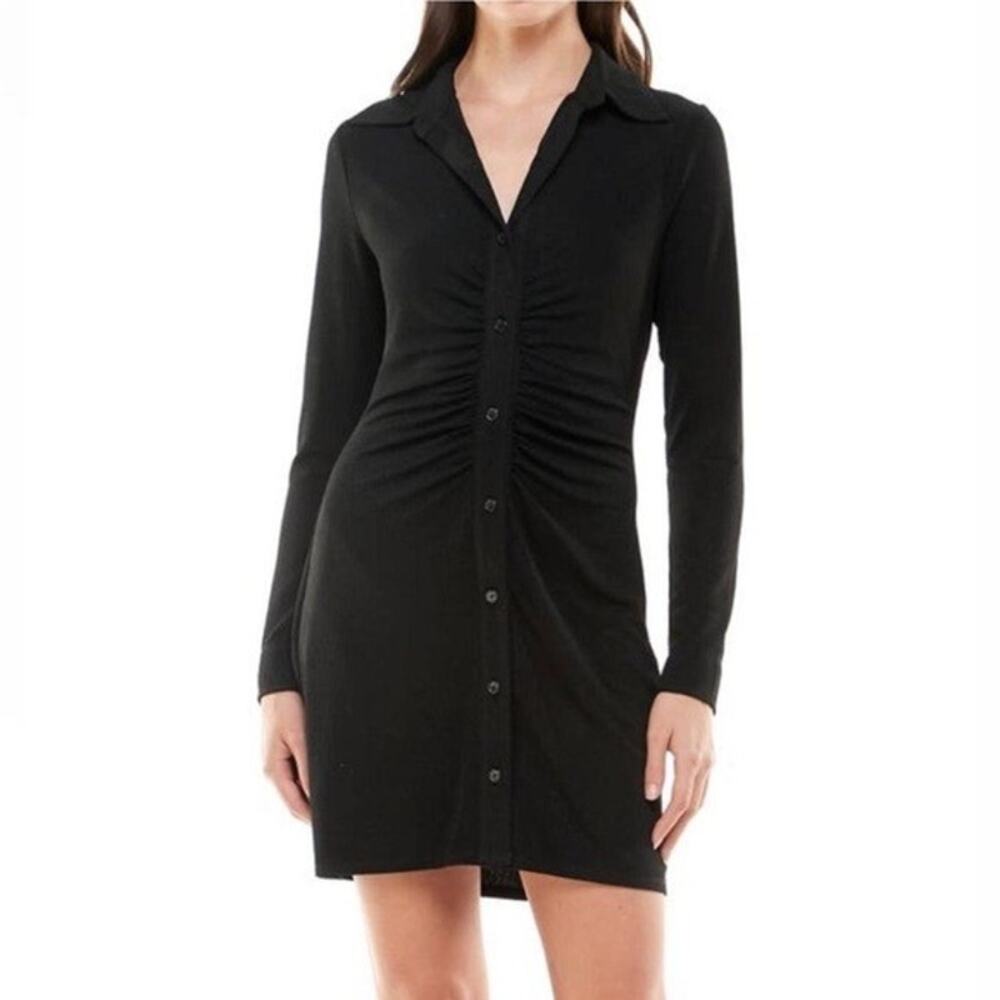 Abercrombie Ruched Collared Shirt Dress Size M Black Button Up Cocktail LBD Fall